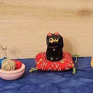 Vintage Miniature Kitten on Red Pillow and Dollhouse Knitting Supplies