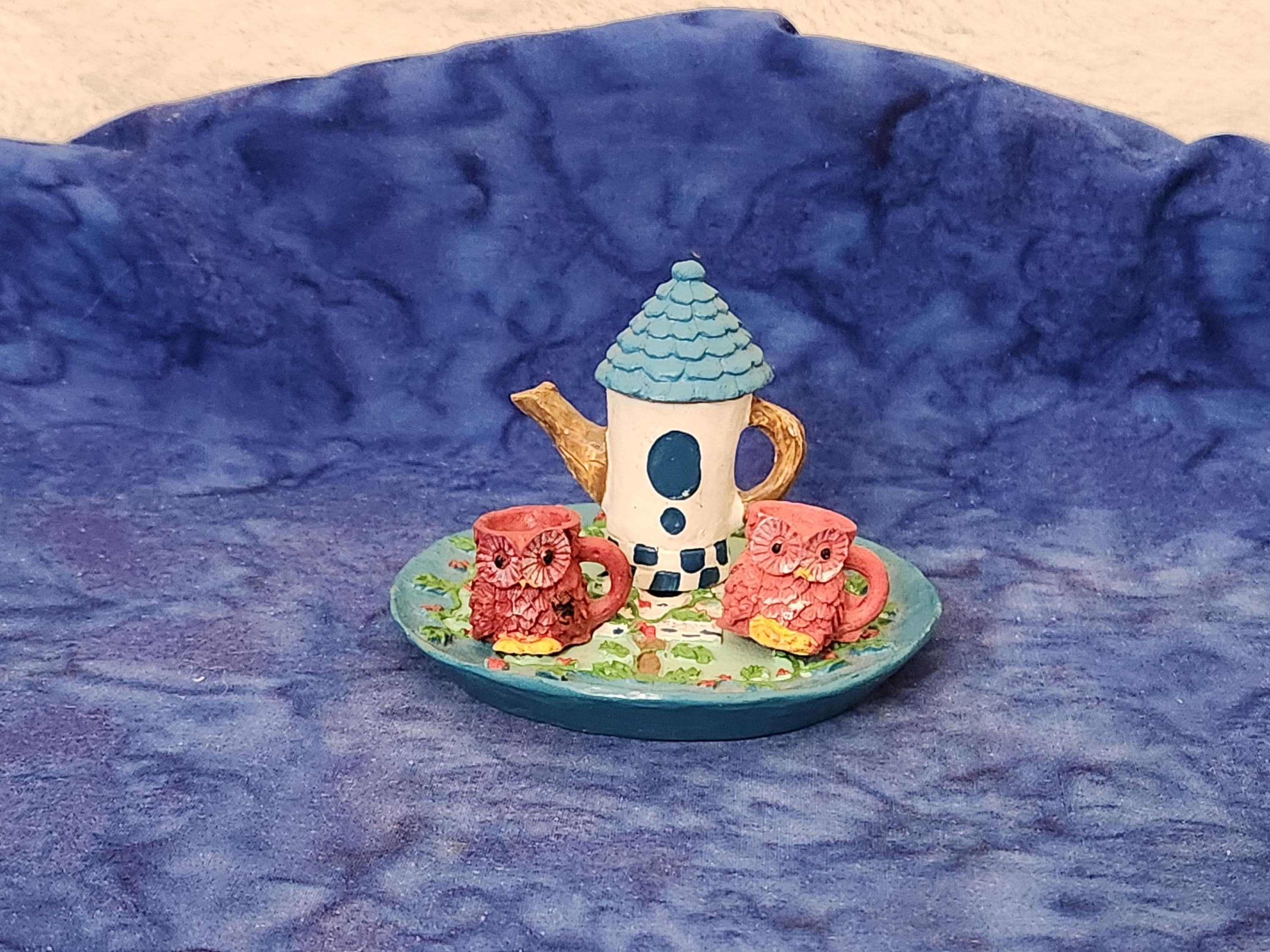 Birdhouse Miniature Tea Set with Owl Mugs Plate Home D&eacute;cor, Birthday Gift, Gift for Christmas