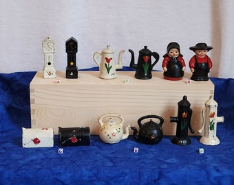 Cast Iron Amish Couple Grandfather Clock Coffee Pot US Mail Boxes Tea Pots or Water Pump Salt and Pepper Shakers, Miniature Amish Diorama
