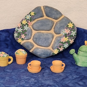 Garden Path with Green Watering Can Tea Pot with Potting Plant Mugs Miniature Tea Set Plate Home Décor, Just Because Gift, Garden Lover Gift