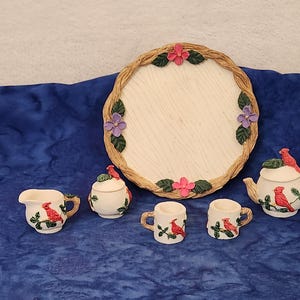 Christmas Red Cardinal Miniature Tea Set Christmas Holiday Home Décor, Gift for Christmas, Gift for Child, Gift for Mom, Dollhouse Décor