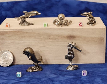 Miniature Pewter Sea Life Figurines including Dolphins Octopus Whale and Seahorse