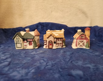 Porcelain Miniature Christmas Village Houses Light Up Houses and Barn Ornaments Home Décor, Dollhouse Xmas House, Diorama Christmas Houses
