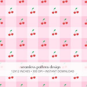 Patrón sin costuras de cerezas, papel digital rosa, fondo coqueto (descarga instantánea)
