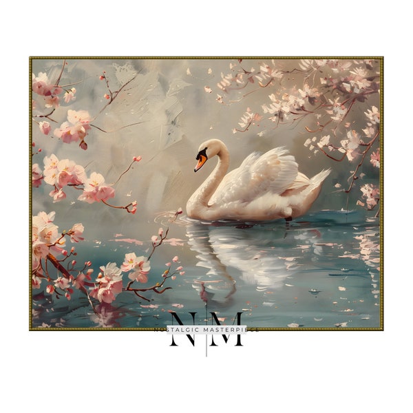 Vintage Oil Painting of Swan, Spring Oil Painting, Vintage Landscape Art Print, Landscape Field Wall Art Digital Download | 1
