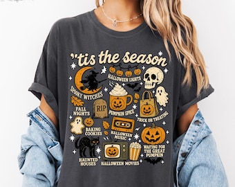 Vintage Halloween Comfort Colors® Shirt,Tis' the Season,Skeleton Pumpkin Ghost Halloween TShirt