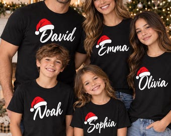 Personalized Family Christmas Shirt, Matching Xmas Tees, Santa Hat Name Matching T-Shirt