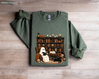 Retro Ghost Reading Sweatshirt, Halloween Librarian Teacher Gift, Ghost Book lover Tee