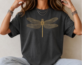 Golden Dragonfly T-Shirt: Boho Nature Shirt, Cute Dragonfly Tee, Boho Girly Gift