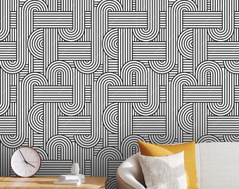 Schwarz-weiße Mustertapete, abstrakte Tapete, geometrische Sammlung, abnehmbare Tapete zum Abziehen und Aufkleben