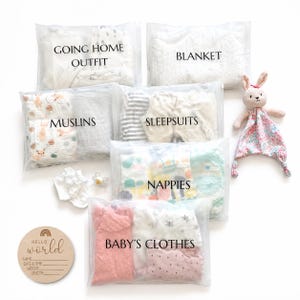 Peut inclure: Un ensemble de sacs de rangement en plastique transparent étiquetés Going Home Outfit, Blanket, Muslins, Sleepsuits, Nappies et Baby's Clothes, contenant des articles pour bébé. Inclut un doudou lapin et un disque en bois Hello World.