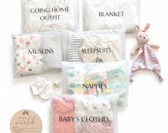 Maternity Hospital Bag Organiser Pouches (20 Pack) with Baby Announcement Disc