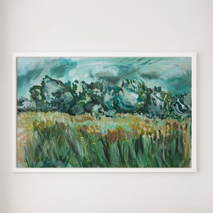 Thrupp , Oxfordshire Paysage d’été texturé art tirage de peinture originale , renoncules , affiche , carte postale , toile
