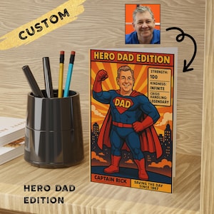 Cartão personalizado de pai herói – Saudação personalizada de superpai em desenho animado – Cartão engraçado para o dia dos pais – Presente de aniversário para pais – Cartão da série pai herói