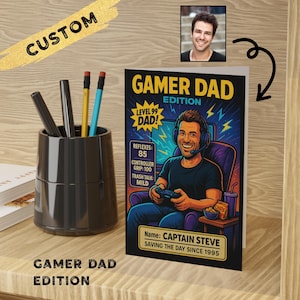 Individuelle Gamer Dad Karte – Individuelle Cartoon Videospiel Grußkarte – Lustige Vatertagskarte – Geburtstagsgeschenk für Gaming Dads – Heldenkarte