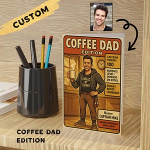 Individuelle Kaffee Papa Karte – Personalisierte Cartoon Koffein Liebhaber Begrüßung – Lustiges Geschenk zum Vatertag oder Geburtstag – Karte für Kaffee liebende Väter