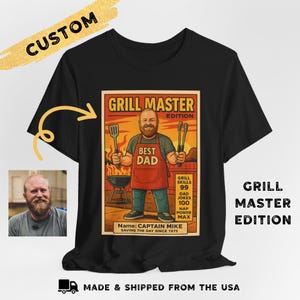 Custom Grill Master Dad-shirt – gepersonaliseerd cartoon T-shirt – grappig BBQ-cadeau voor hem – Vaderdag of verjaardagscadeau – uniek papa-T-shirt