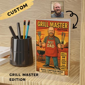 Carte personnalisée pour papa Maître du gril - Carte de voeux personnalisée pour barbecue en dessin animé - Cadeau amusant pour la fête des pères - Carte d'anniversaire pour papa - Souvenir de héros unique