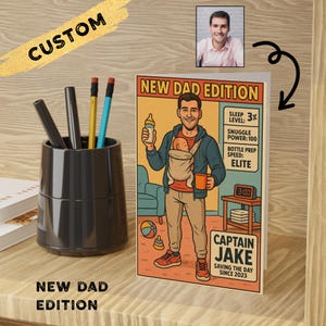 Custom New Dad Card – Personalized Cartoon First Time Dad Greeting – Funny Father’s Day or Birthday Gift – Baby Shower – Keepsake for Dads