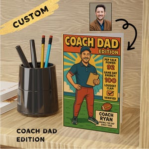 Carte papa entraîneur personnalisée - Carte de voeux personnalisée pour entraîneur sportif en dessin animé - Cadeau amusant pour la fête des pères ou un anniversaire - Carte souvenir cadeau entraîneur d'équipe