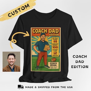Aangepast T-shirt coach vader – gepersonaliseerd cartoon sportcoach shirt – grappig Vaderdag- of verjaardagscadeau – T-shirt Dad Hero-serie voor vader