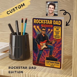 Benutzerdefinierte Rockstar Dad-Karte - Personalisierter Cartoon-Gitarren-Gruß - Lustige Vatertagskarte - Geburtstagsgeschenk für musikbegeisterte Väter - Heldenkarte