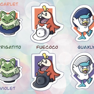 ポケモン スカーレットとバイオレットのスターター、第 9 世代のトレーナー帽子をかぶった Sprigatito、Fuecoco、Quaxly。