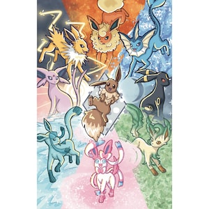 Adesivi Eeveelution: adesivi impermeabili dei pokemon Eevee, Flareon, Jolteon, Vaporeon, Espeon, Umbreon, Leafeon, Glaceon e Sylveon