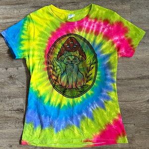 Made to Order Handmade Hand Dyed Tie Dye Cat Mushroom Tshirt, tie dye swirl, cottagecore, cat lover, cat graphic tee, cat lover gift, cat