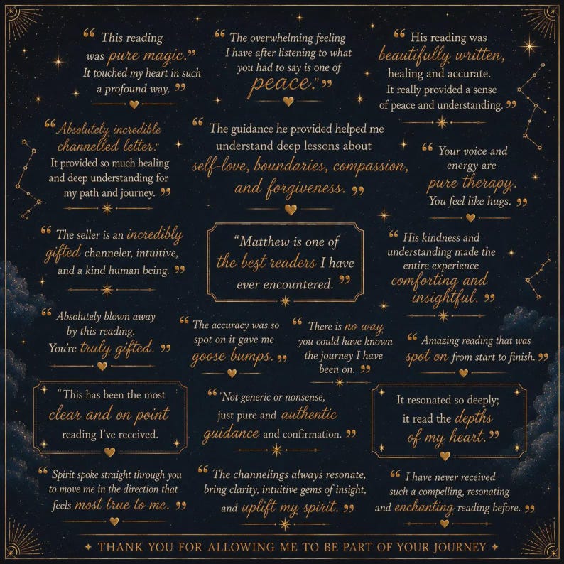May include: A dark navy blue square graphic featuring numerous customer testimonials in gold serif and script fonts. The text includes phrases like 'pure magic,' 'peace,' and 'Matthew is one of the best readers.' Gold stars and clouds frame the border.