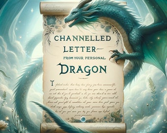 Op de afbeelding: Een blauwgroene draak met gekromde hoorns en scherpe klauwen krult zich rond een verticale perkamentrol. De rol bevat de tekst "CHANNELLED LETTER FROM YOUR PERSONAL DRAGON" in donkerblauwe letters, gevolgd door onleesbaar cursief schrift.