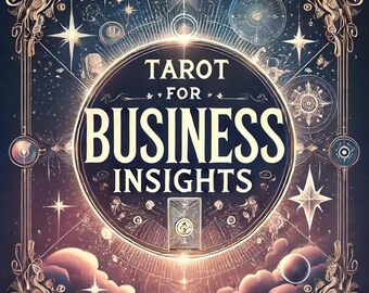 May include: A rectangular graphic featuring the text Tarot For Business Insights in a central circular frame. The design includes celestial elements like stars, planets, and clouds in shades of deep blue, purple, and gold with ornate borders.