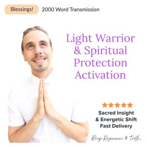 May include: A man with his hands clasped in prayer, smiling, with the text "Light Warrior & Spiritual Protection Activation" in purple text. The text "Sacred Insight & Energetic Shift Fast Delivery" is below the man's image. Five gold stars are above the text.