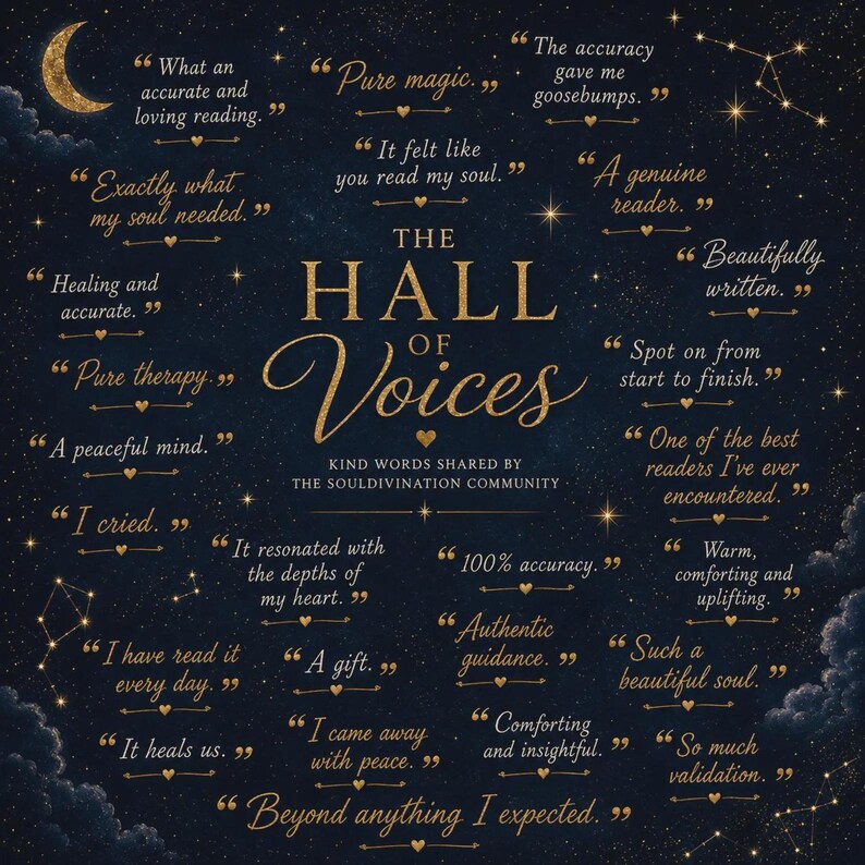 Op de afbeelding: Een donkerblauwe afbeelding met een hemels thema en gouden tekst die The Hall of Voices, Kind Words Shared by the Souldivination Community leest, omringd door talloze klantgetuigenissen tussen aanhalingstekens, sterren en een maansikkel.