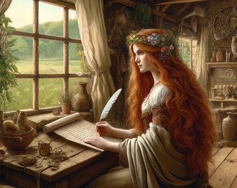 Puede incluir: Una persona con largo cabello rojo y una corona de flores sentada en un escritorio de madera junto a una ventana, escribiendo en un pergamino con una pluma blanca. El escritorio tiene un cuenco de madera, un recipiente pequeño y cuerda.