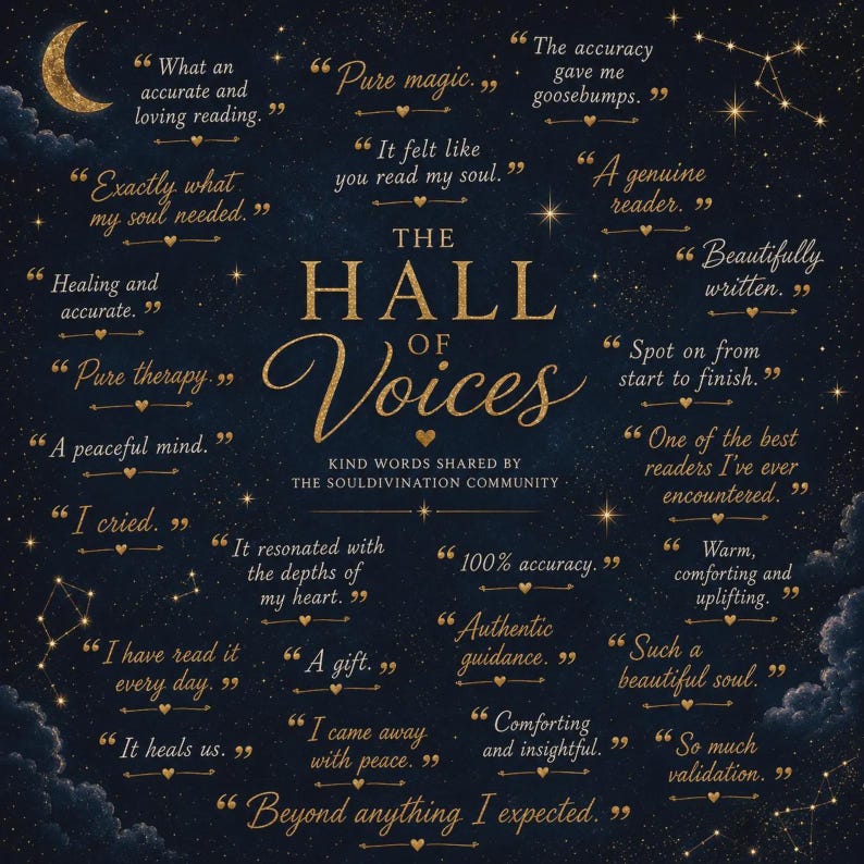 May include: A dark blue celestial-themed graphic featuring gold text that reads The Hall of Voices, Kind Words Shared by the Souldivination Community, surrounded by numerous customer testimonials in quotation marks, stars, and a crescent moon.