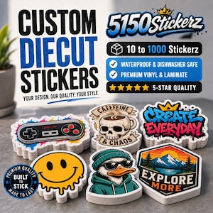 May include: A collection of die-cut stickers with various designs, including a game controller, a skull with coffee, a smiley face, and a duck wearing sunglasses. The stickers are waterproof and made of premium vinyl.