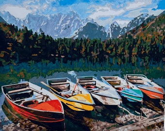 Vue sur le lac de montagne, peinture acrylique sur toile, peinture murale, décoration d'intérieur, art mural, beaux paysages de montagnes