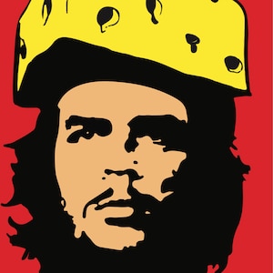 以下が含まれることがあります： 穴の開いた黄色のチーズの帽子をかぶったひげを生やした人の白黒のイラスト。背景は赤です。