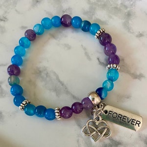 Suicide Awareness Amethyst and Teal-Dyed Quartz Beads Forever and Infinity With Heart Charms Mental Health