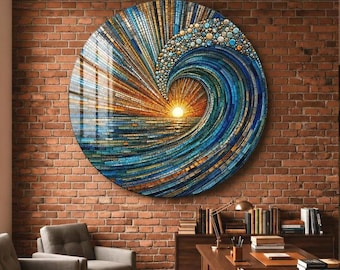Cuadro decorativo de vidrio con diseño de olas y amanecer, plexiglás, vidrieras redondas, arte circular, arte para sala de estar, arte para oficina, arte de vidrio extragrande