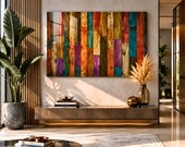 Colorful Wood Texture Glass Wall Art, Rustic Abstract Wooden Panel Print, Large Modern Wall Decor for Bedroom Living Room, Painted Wood Art