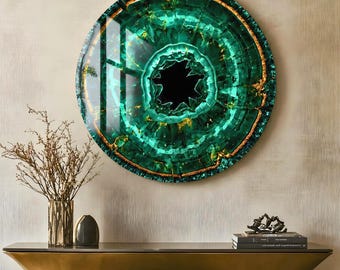 Emerald Crystal Glass Wall Art, Faux Kintsu, Round Wall Art, Living Room Decor, Office Decor, Large Glass Art, Stained Plexi Glass Wall Art