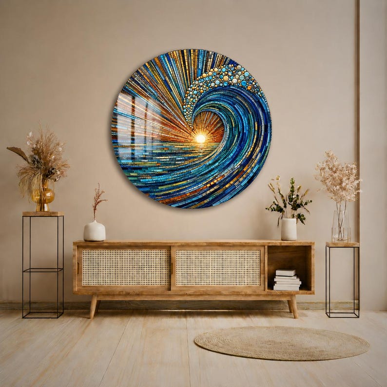 May include: A circular wall art piece featuring a mosaic-style depiction of a cresting ocean wave at sunrise. The design uses vibrant shades of deep blue, turquoise, and gold, with radiating lines creating a sunburst effect behind the wave.