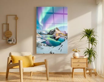 Lights of the North Glass Wall Art – Aurora Borealis Wall Art, Celestial Northern Light Scene, Blue and Pink Tones, Living Room Decor
