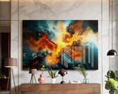 Abstract Fire and Ice Glass Wall Art – Volcano Cloud Explosion Swirl Wall Art, Large Modern Decor, Living room Art, Decor for bedroom