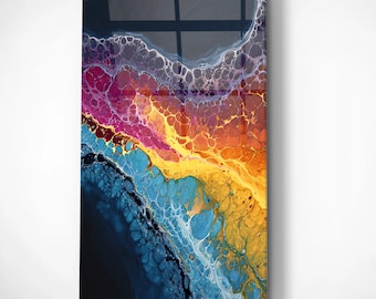 Inferno Tide Fluid Art Glass Wall Print – Abstract Acrylic Artwork, Fiery Ocean Inspired Poster, Modern Colorful Home Decor