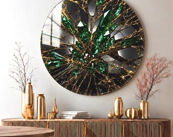 Emerald Crystal Looking Round Glass Wall Art, Faux Kintsugi Statement Art, Living Room Art, Office Art, Large Wall Art, Plexi Glass Wall Art