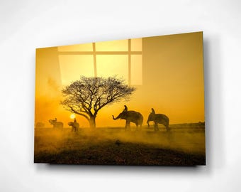 Elephant Caravan at Sunset Glass Art