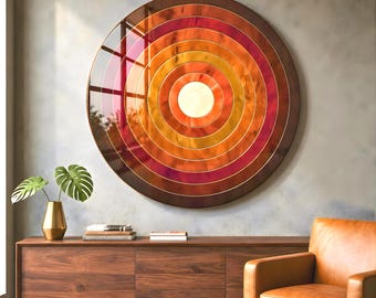 Wood Sun Glass Wall art, Round Sunset Wall Art, Glass Art, Living Room Decor, Office Decor, Geometric Abstract Art, Plexi Glass Art, Gift